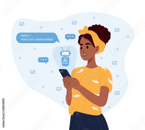 ChatGPT AI chat concept, artificial intelligence. An African American woman uses the technology of a smart AI robot. Dialogue between the AI assistant and the user in the messenger.