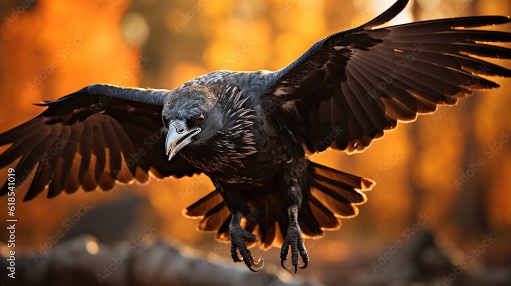Fototapeta premium Common raven, Flying in autumn nature background, Dark feathered animal in flight in fall, corvus corax.