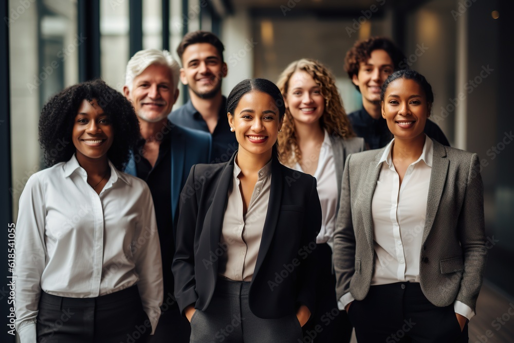 multiracial team of successful business people working together in office and posing and looking at camera, generative AI multiracial team of successful business people working together in office and posing and looking at camera, generative AI