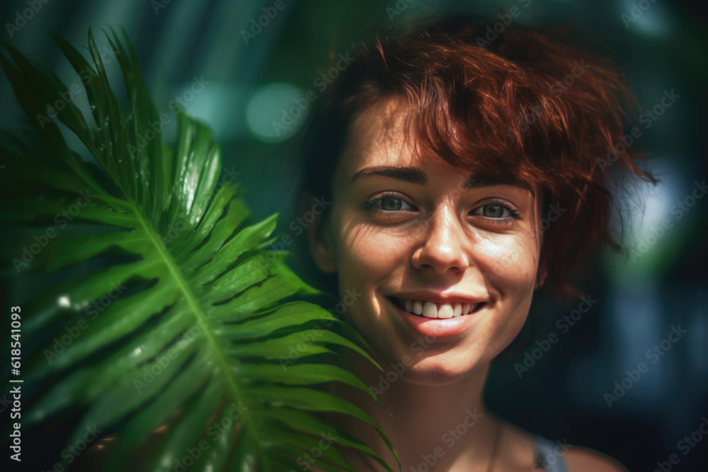 portrait of a red hair woman with blue eyes and a green palm leaf portrait of a red hair woman with blue eyes and a green palm leaf