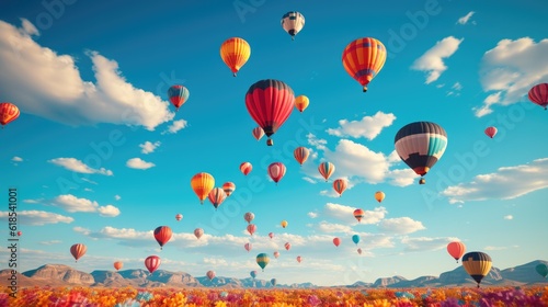 Colorful hot air balloon festival, dozens of balloons floating gracefully in the sky against a backdrop of a soft blue sky, creating a sense of joy.