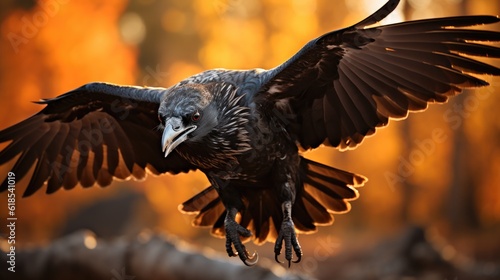 Wallpaper Mural Common raven, Flying in autumn nature background, Dark feathered animal in flight in fall, corvus corax. Torontodigital.ca