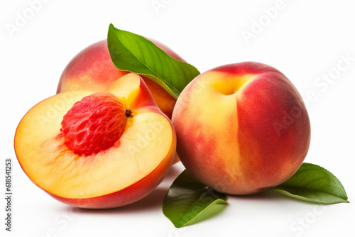 Ripe peaches with leaves isolated on white background. Clipping path