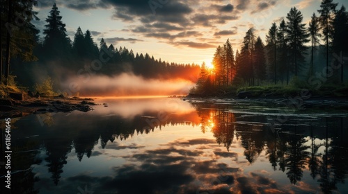 Foggy dawn on a forest lake. First sunbeams in the fog. © visoot