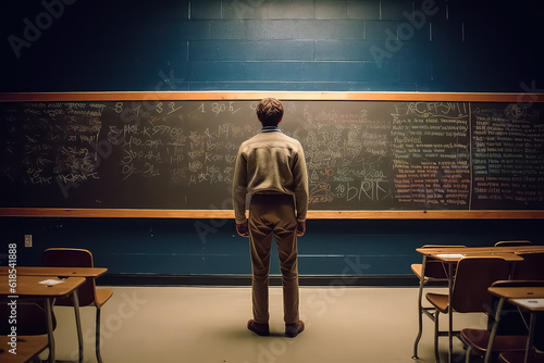 the teacher thinks how to solve a math problem at school against the background of a black board, AI