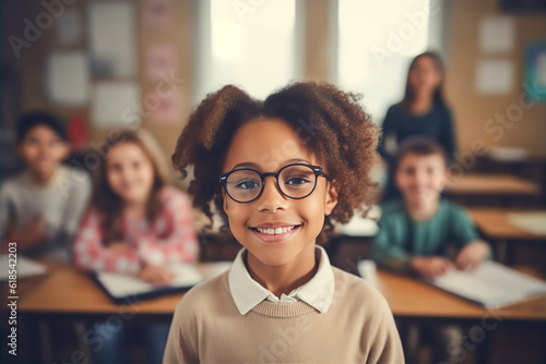Portrait of african-american girl with curly hair and glasses in classroom at elementary school, back to school © Ployker