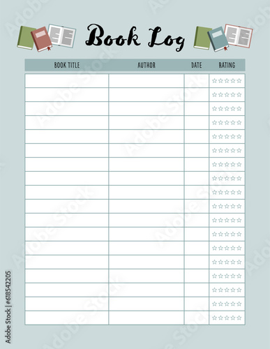 Book log printable page. Template for listing and reviewing books.