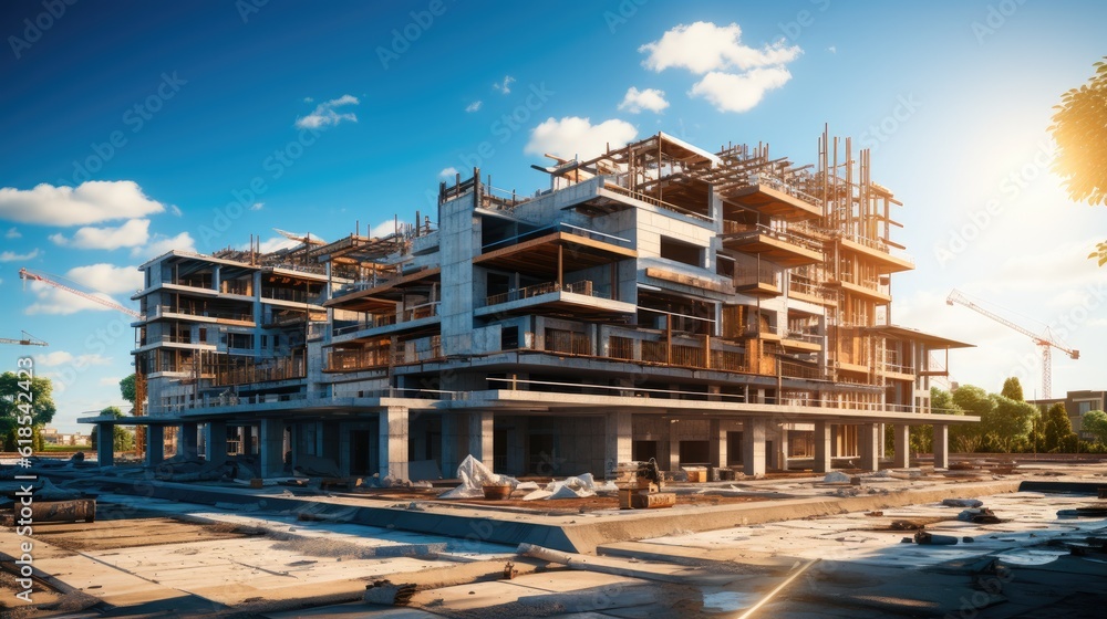 Modern building under construction against, Construction work site. Modern building under construction against, Construction work site.