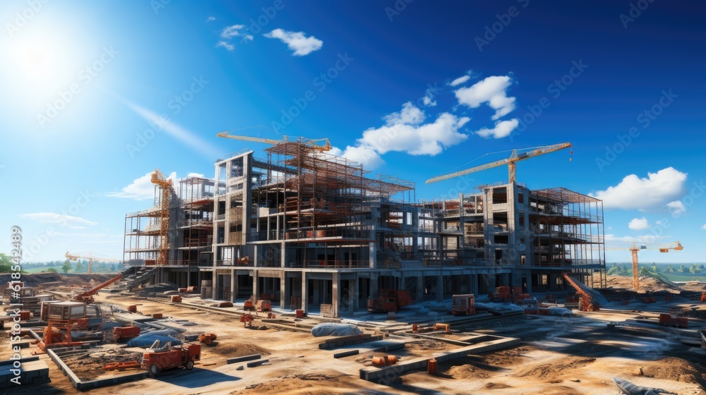 Naklejka premium Modern building under construction against, Construction work site.