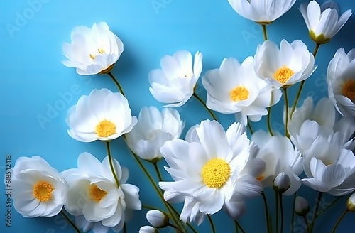 Beautiful natural blue turquoise background with floral elements, featuring a frame of white daisies created using a soft blur filter.. Made with Generative AI technology