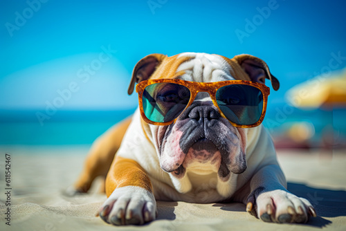  Bulldog at the beach wearing sunglasses. Relaxing and sunbathing by the sea. Ai Generative photo