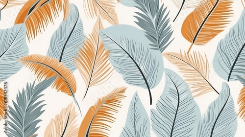 Pattern with hand drawn tropical leaves and palm trees, in the style of organic forms, muted tones, juxtaposition of hard and soft lines, playful shapes, light amber and aquamarine, generative AI