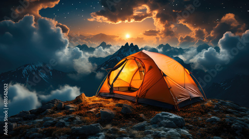 The traveler's orange tent on high mountain and sea of mist, Summer night landscape.