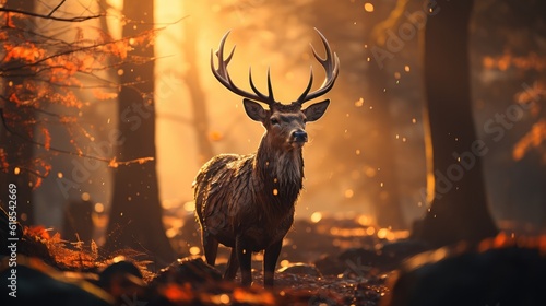 Red deer stag in the morning autumn mist at a forest.