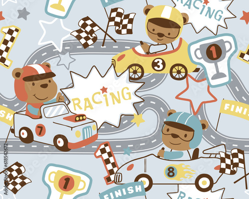 Seamless pattern vector of car racing with funny bear cartoon, car racing elements