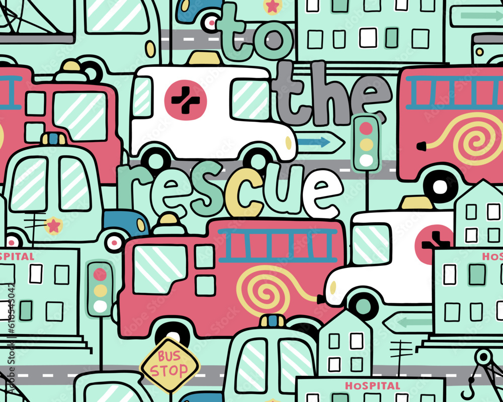 Seamless pattern vector of rescue vehicles cartoon in city road