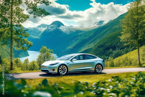 a charging car in a serene natural setting, surrounded by lush greenery and scenic landscapes. Generative Ai © Hammad