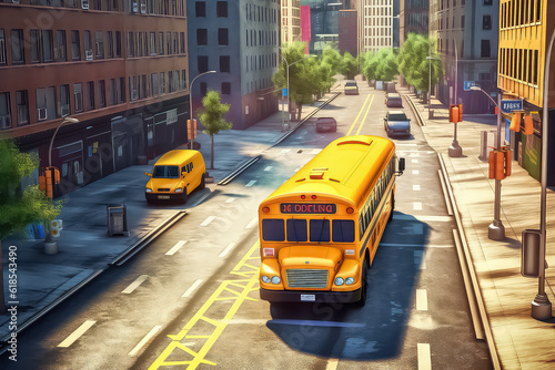 Illustration of school kids riding yellow schoolbus transportation education.