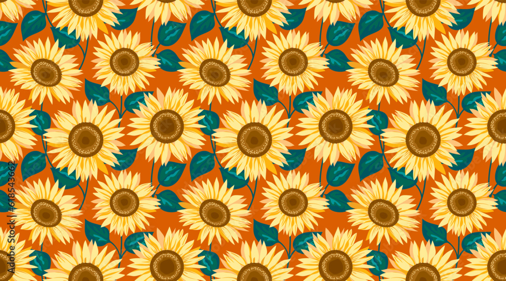Sunflower seamless pattern on a neutral color background. Decorative cute floral vector illustration. Print fabric, textile design