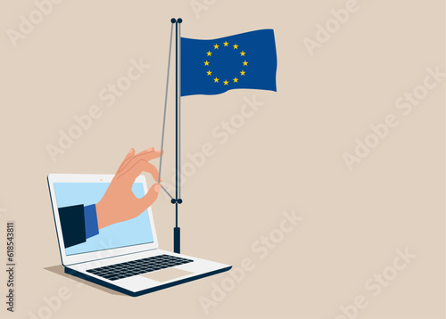 Through the laptop businessman raising waving flag of European Union. Vector illustration.