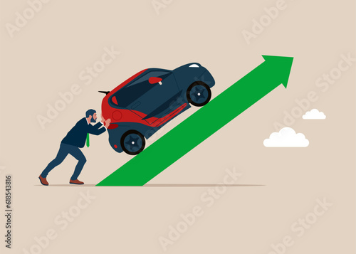 Businessman  keeps car cruising on upward arrow. Automotive market is up.  Business automotive boom. Vector illustration.