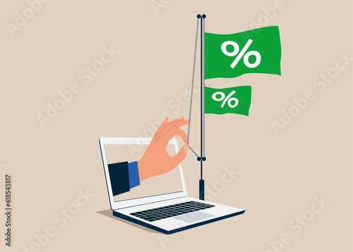 Through the laptop businessman raises a flag with a percentage symbol to the top of a pole. Flat vector illustration