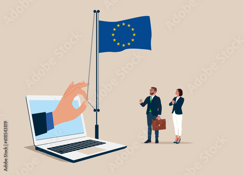 Business people and through the laptop hand businessman raising waving flag of European Union. Vector illustration.