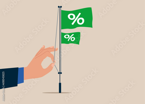 Interest rate hikes due to rising inflation. Businessman raises a flag with a percentage symbol to the top of a pole. Vector illustration