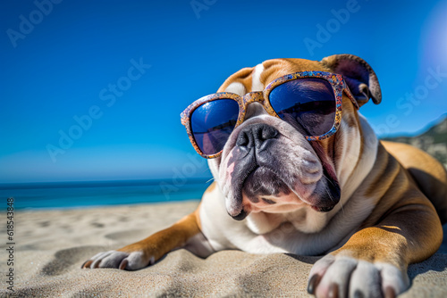  Bulldog at the beach wearing sunglasses. Relaxing and sunbathing by the sea. Ai Generative