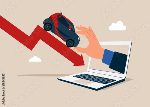 Businessman through the laptop keeps car.  Automotive market is falling. Global crisis. Business automotive crisis. Vector illustration.