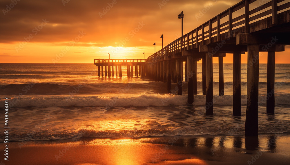 Fototapeta premium Sunset over tranquil water, nature beauty shines generated by AI