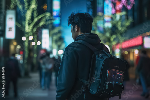 Young asian man working outdoors in japan with laptop, AI © terra.incognita