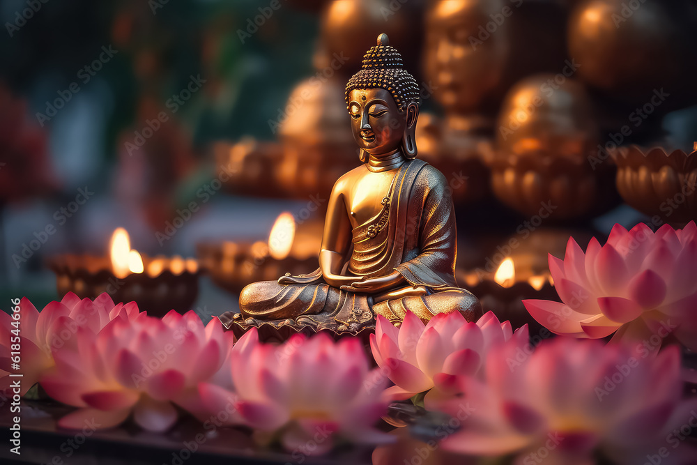 A statue of Buddha and a water lotus stands near flowers on a bo