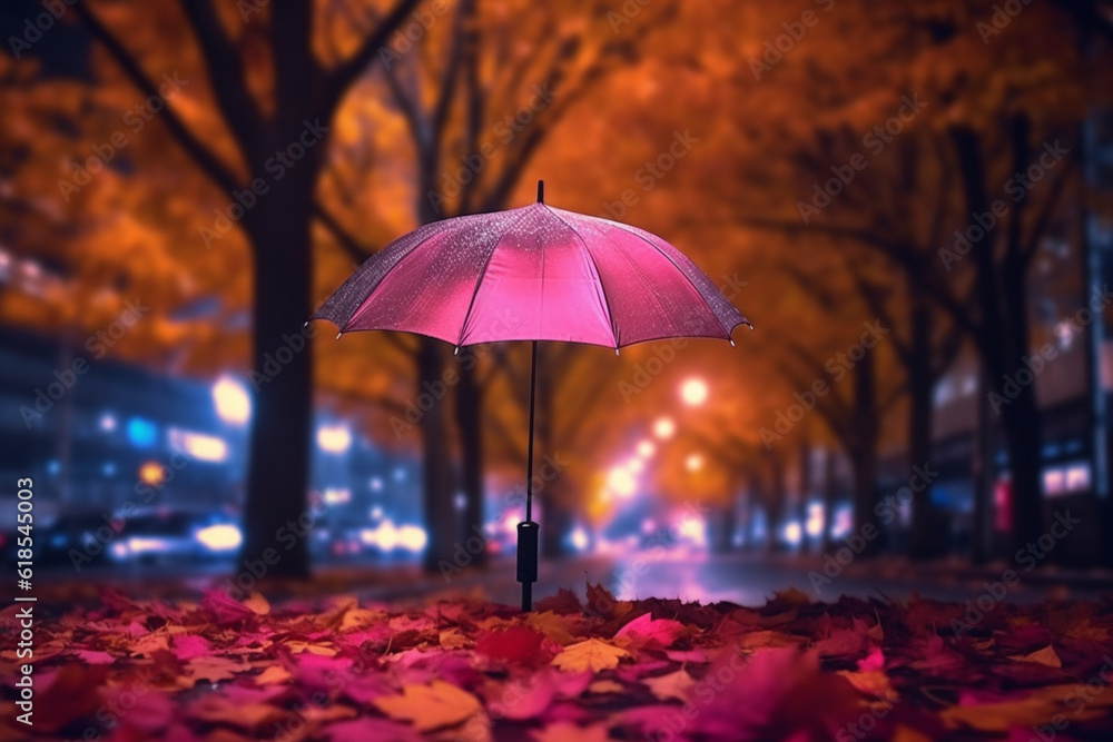 Serene rain: Rainy night with colorful autumn leaves, a pink umbrella, and city lights in the background Generative AI