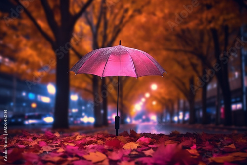 Serene rain  Rainy night with colorful autumn leaves  a pink umbrella  and city lights in the background Generative AI