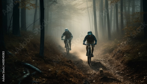Two men cycle through foggy mountain terrain generated by AI