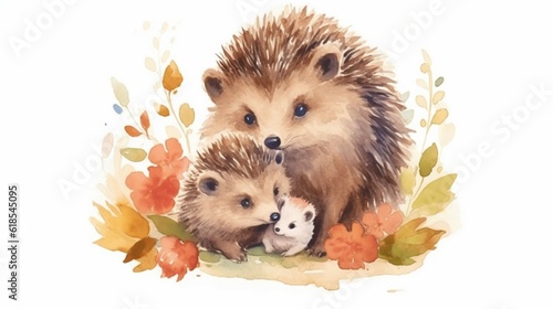 Fotografia, Obraz Cute little hedgehog with mom.Watercolor cartoon.Generative AI