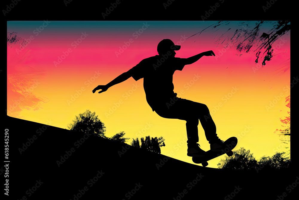 Black silhouette of skateboarder.AI generated Black silhouette of skateboarder.AI generated