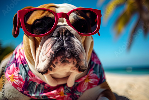  Bulldog at the beach wearing sunglasses and shirt. Relaxing on summer vacation. Ai Generative