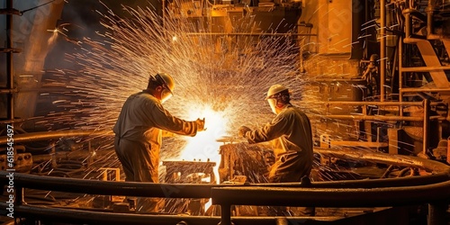 Rear view of a welder, sparks flying from their torch as they work on the skeleton of a massive ship , concept of Metalworking, created with Generative AI technology