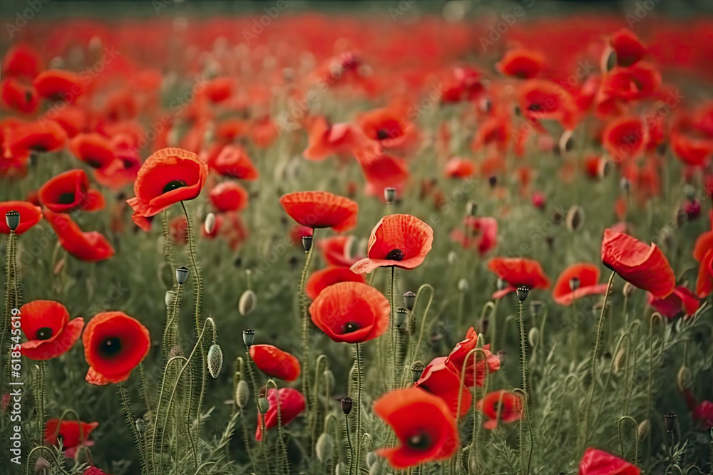 Fototapeta premium Red poppies in a poppies field - desaturated background.AI generated