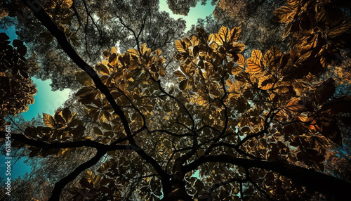 Golden maple leaves illuminate autumn forest beauty generated by AI