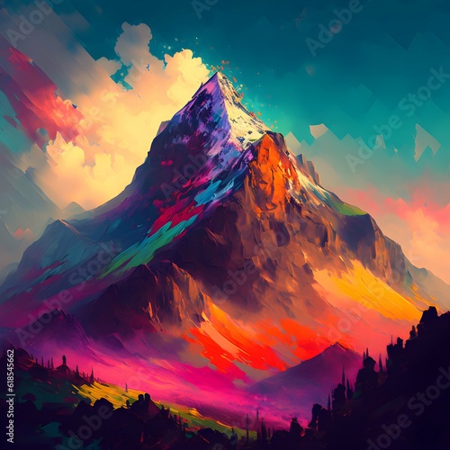 impressionistic painting of a mountain using bright colors 