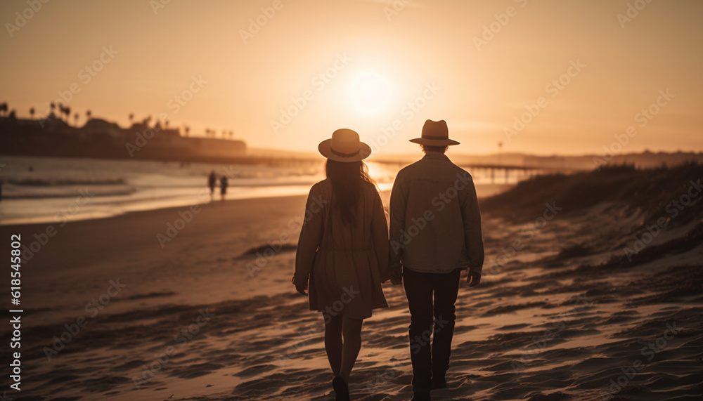 Caucasian couple embraces at sunset on beach generated by AI