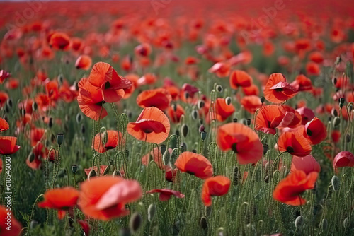 Red poppies in a poppies field - desaturated background.AI generated