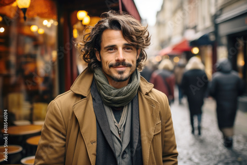 Portrait of a attractive smiling man standing on the city street 