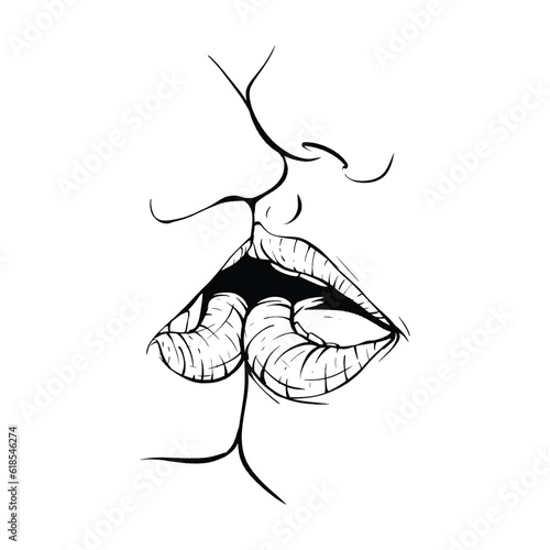 couple kissing lips sketch vector illustration line art