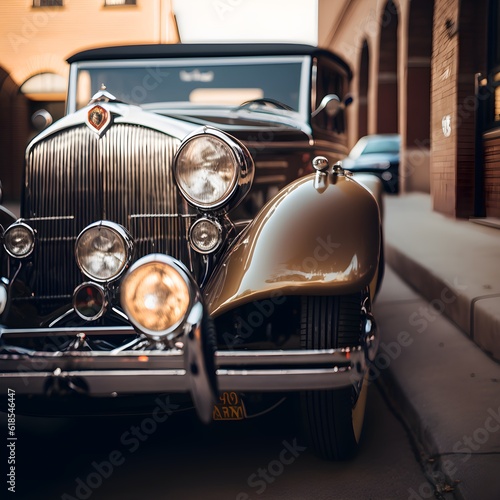 Vintage car amidst urban architecture exudes classic charm and timeless appeal.