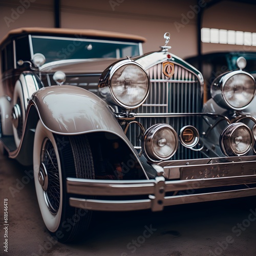 Timeless elegance of a retro-styled luxury car with impeccable detailing and car headlights. © Kelvin