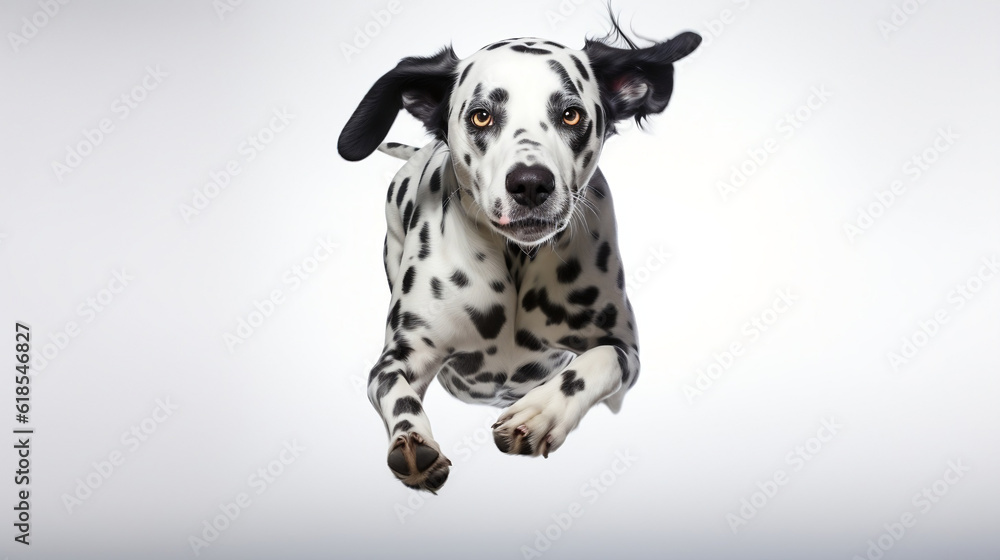 Dalmatian dog jumping. Generative AI.